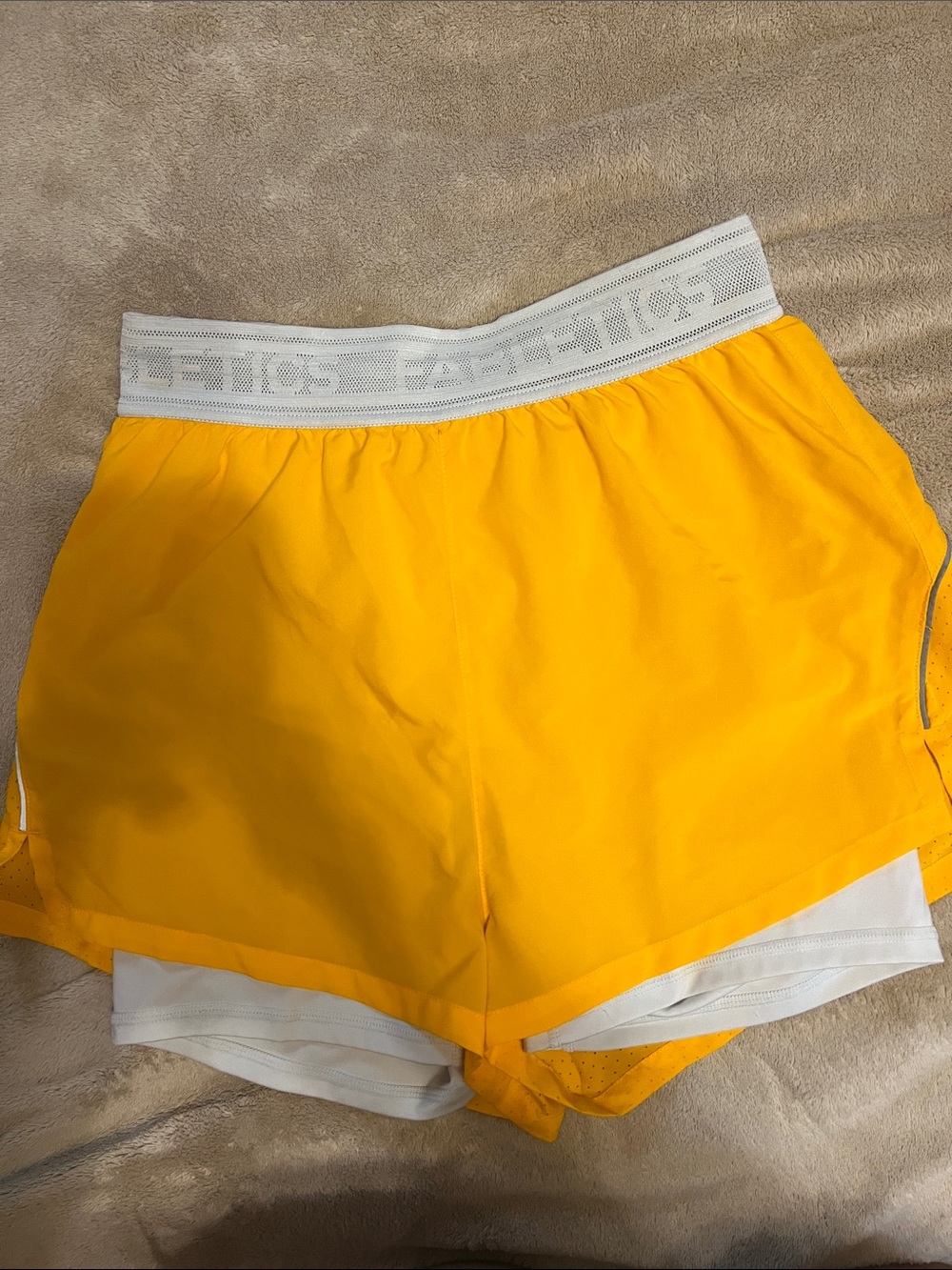 Fabletics Yellow Double-Layer Athletic Shorts with White Waistband